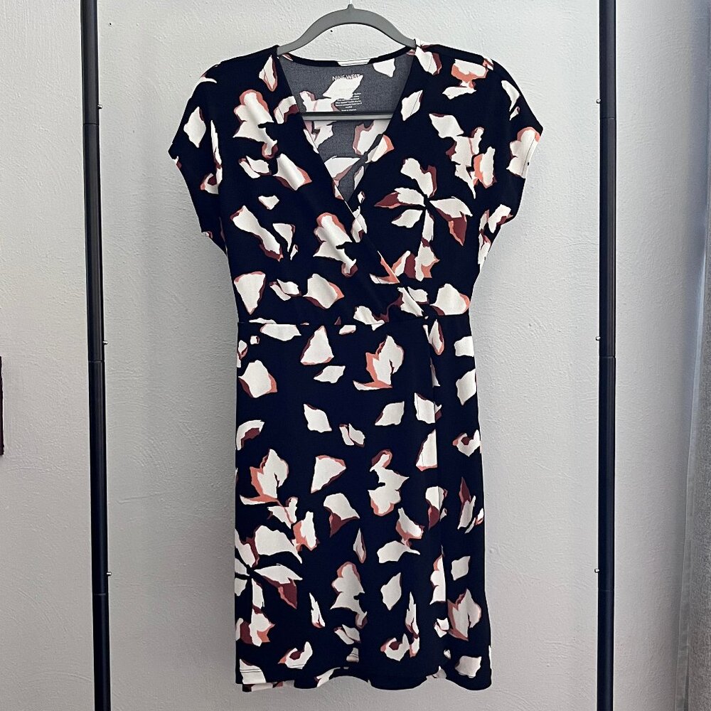 Nine West Black Abstract Wrap Midi Summer Floral V-Neck Dolman Sleeve Dress